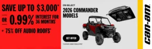 Read more about the article Save up to $3,000 or 0.99% for 36 months + 75% off on select audio roofs on select 2026 Commander models